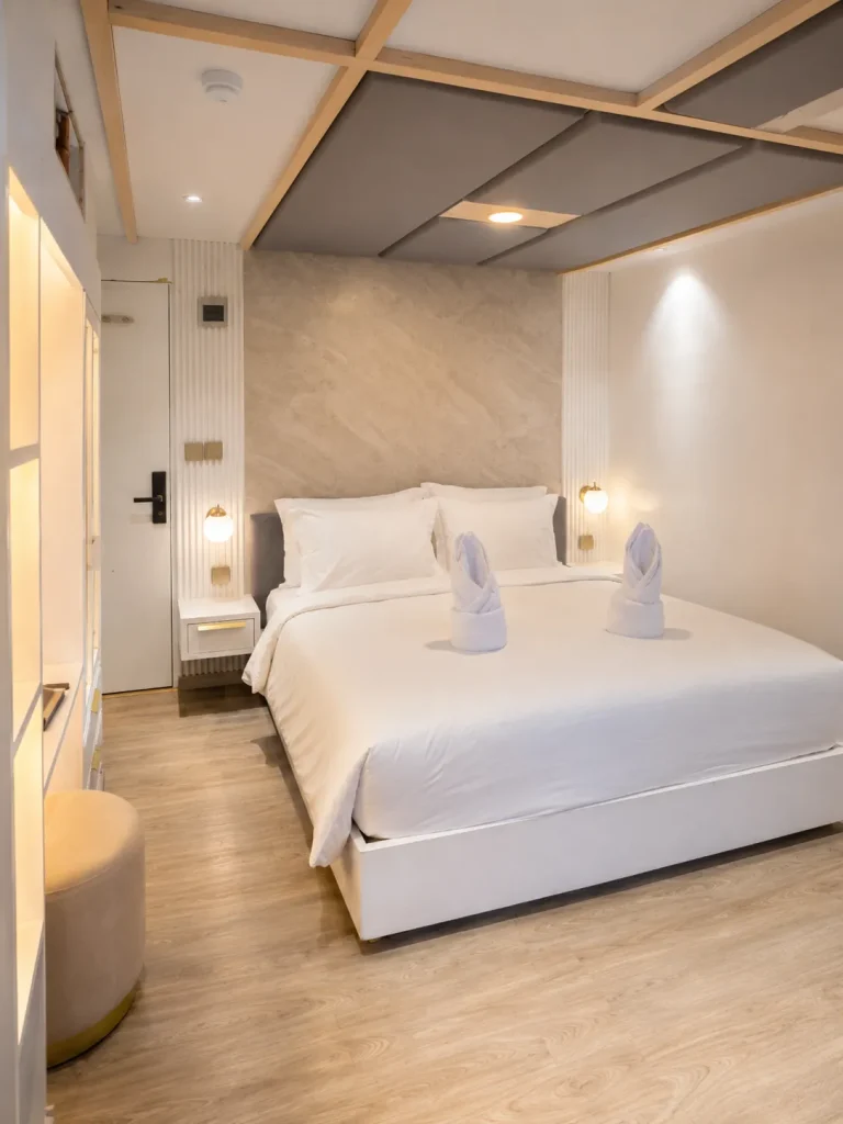 Master Suite bedroom with a white double bed under a coffered wood ceiling aboard LASHA