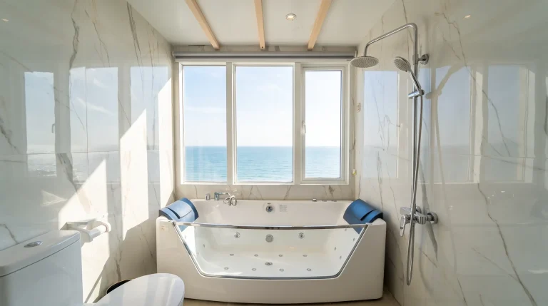 In-suite jacuzzi bathtub against an ocean-view window in a LASHA Master Suite