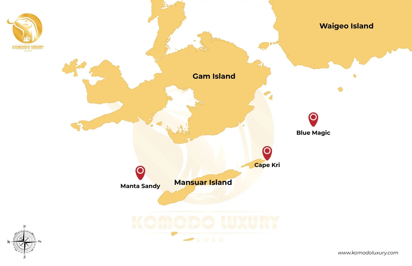 Map of the main Raja Ampat dive sites across the Dampier Strait, Wayag and Misool