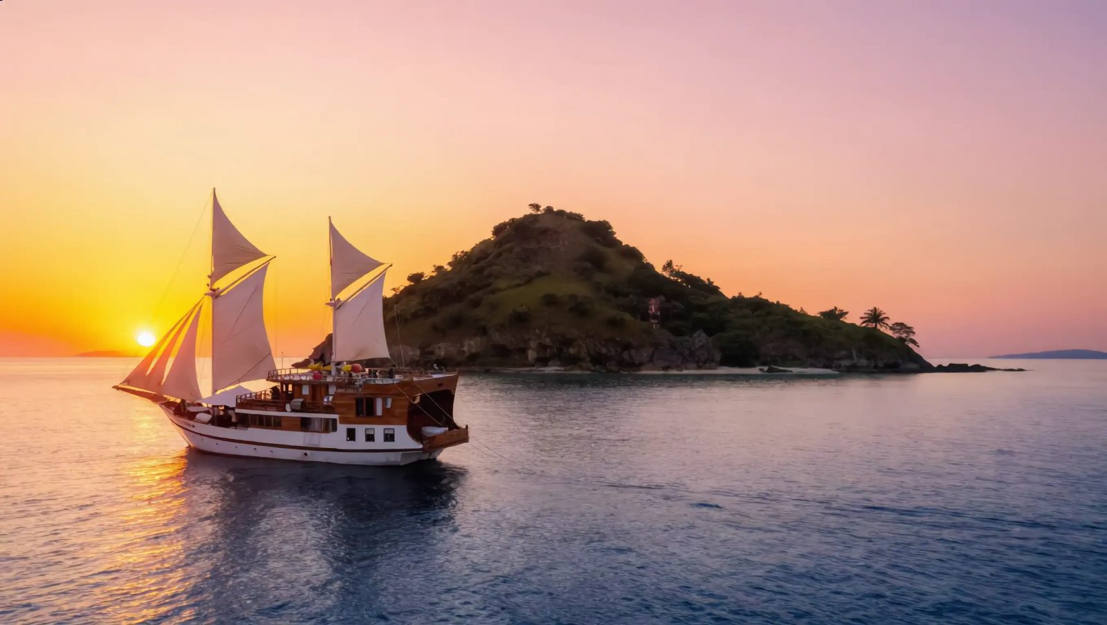A phinisi under sail at sunset in Komodo National Park