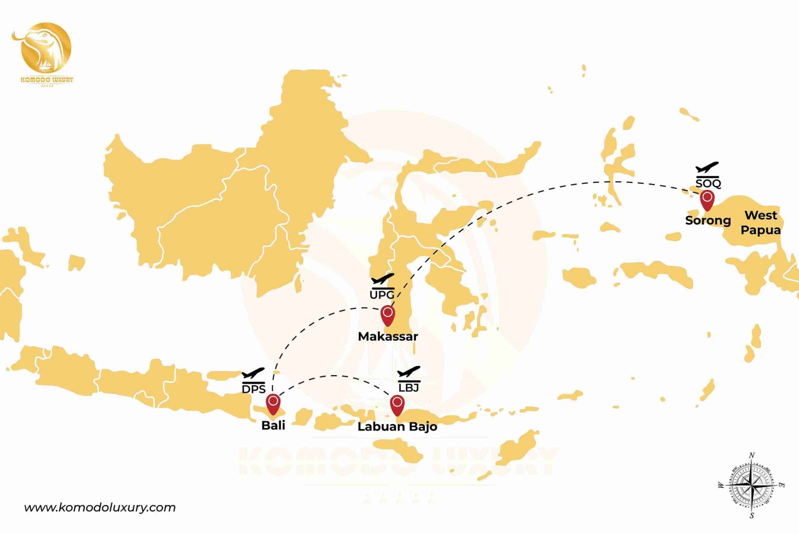 Route map from Labuan Bajo through Alor and the Banda Sea to Raja Ampat