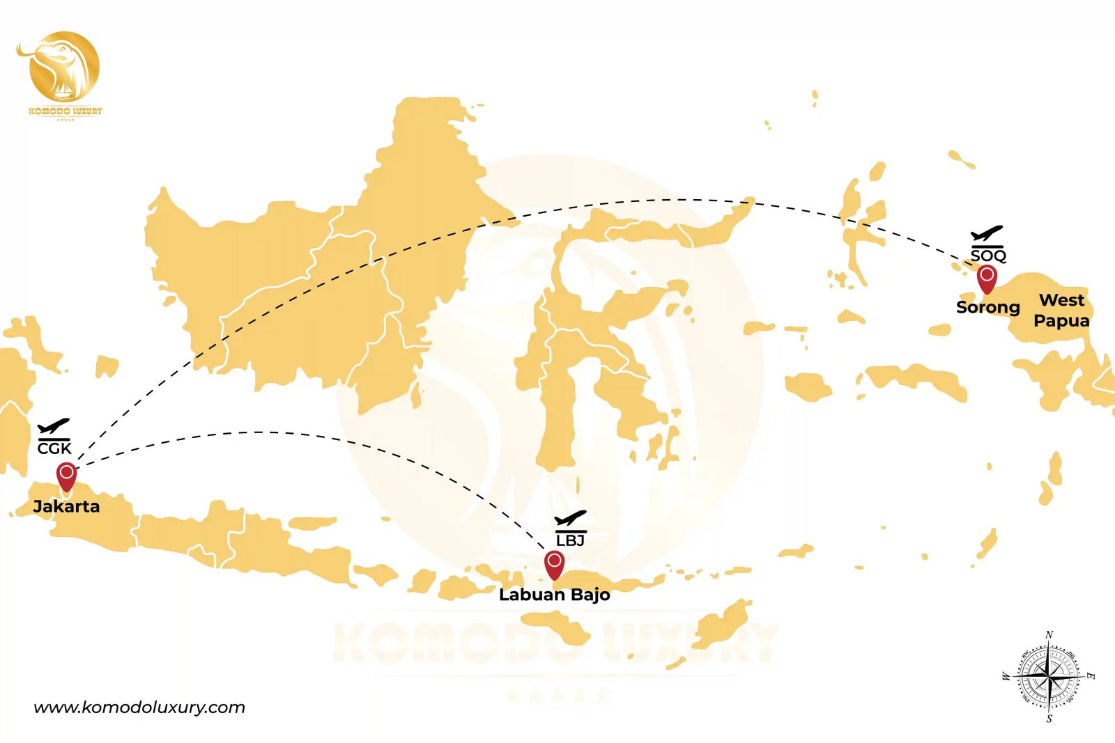 Map of the sea route from Labuan Bajo east to Sorong through the Banda Sea