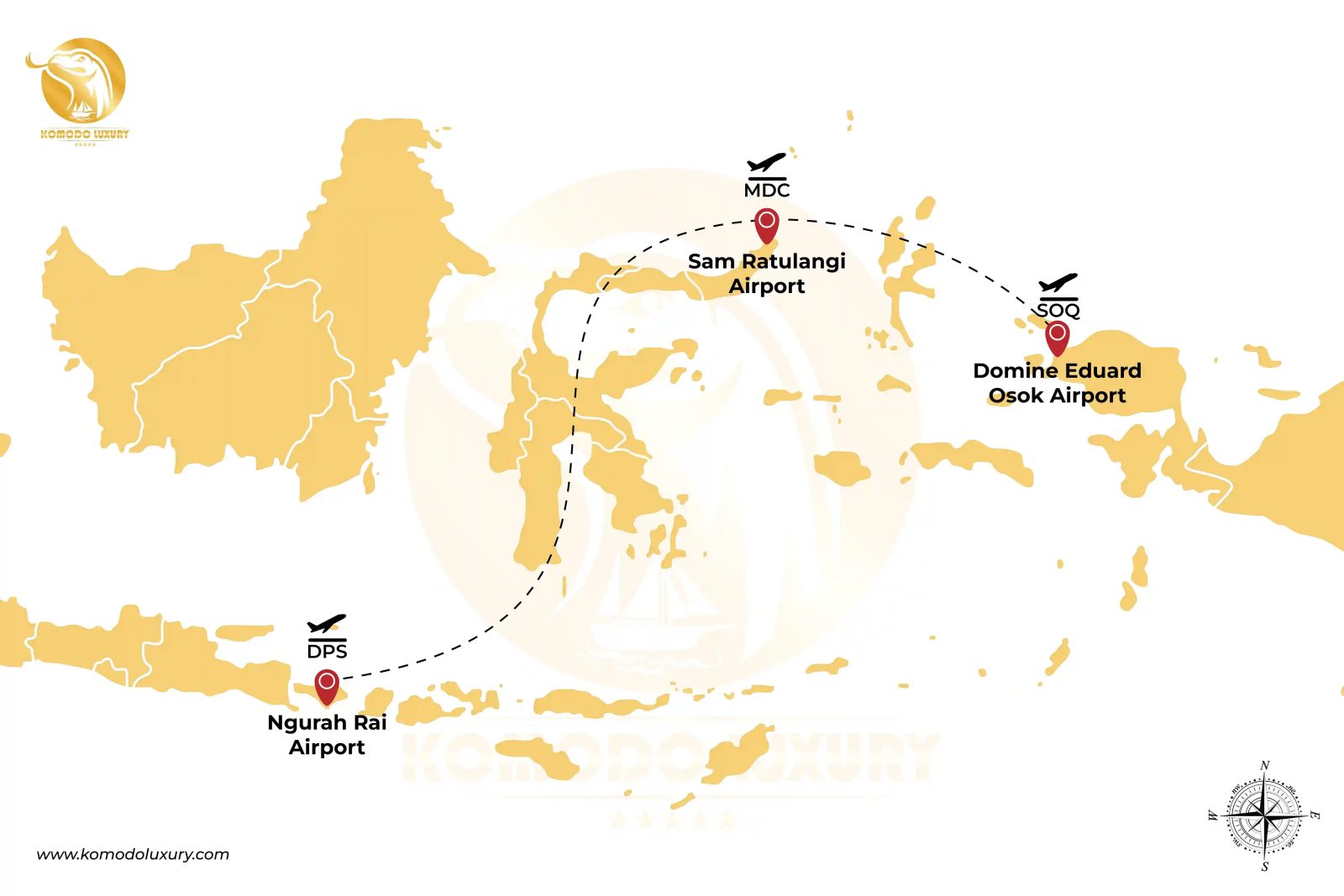Route map from Bali through Makassar and Manado to Sorong