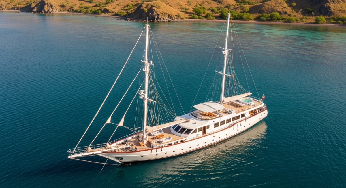 Aerial view of a white luxury phinisi at anchor in a turquoise Komodo bay
