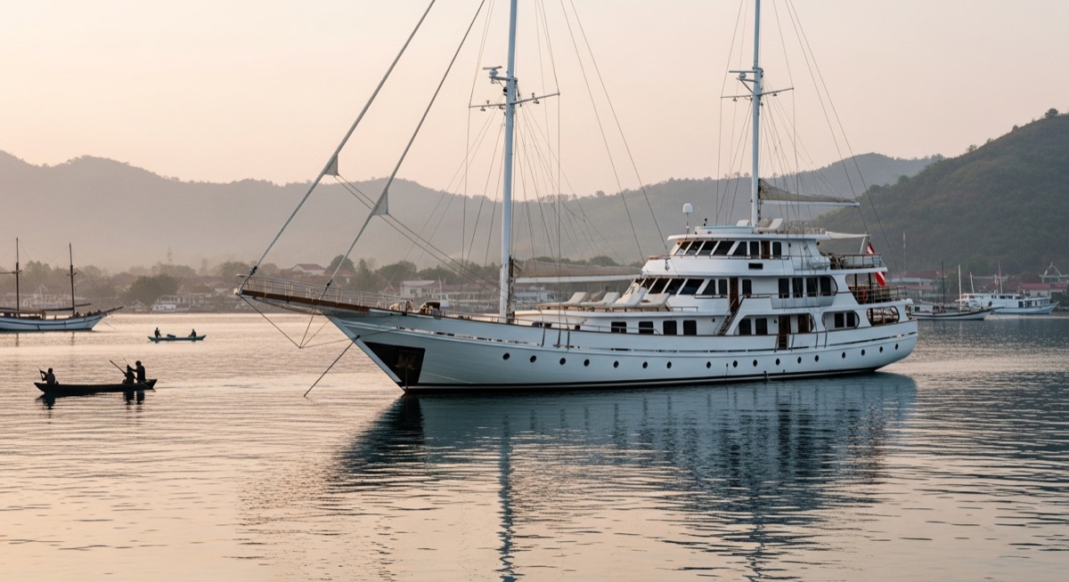 Phinisi moored in Labuan Bajo harbour at misty dawn