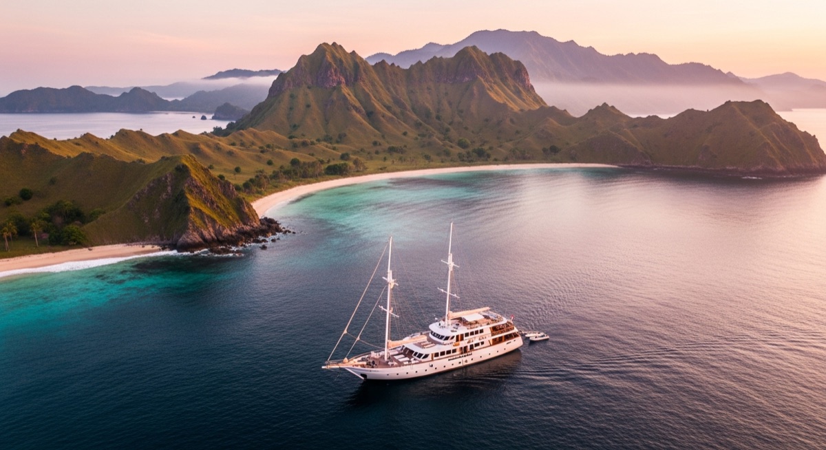 View from Padar Island ridge at sunrise with a white phinisi anchored in the bay below