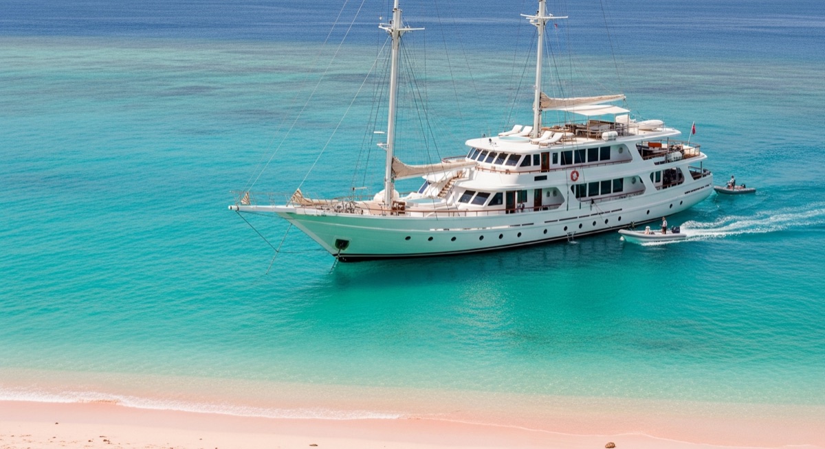 Pink sand beach in Komodo with a white phinisi anchored offshore