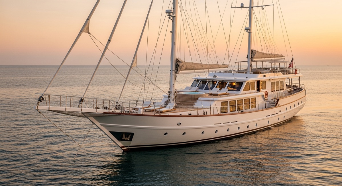 Luxury phinisi at anchor at sunset with deck lights glowing