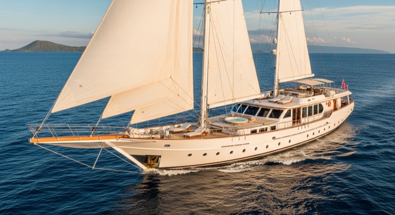 LASHA phinisi under sail in Komodo National Park