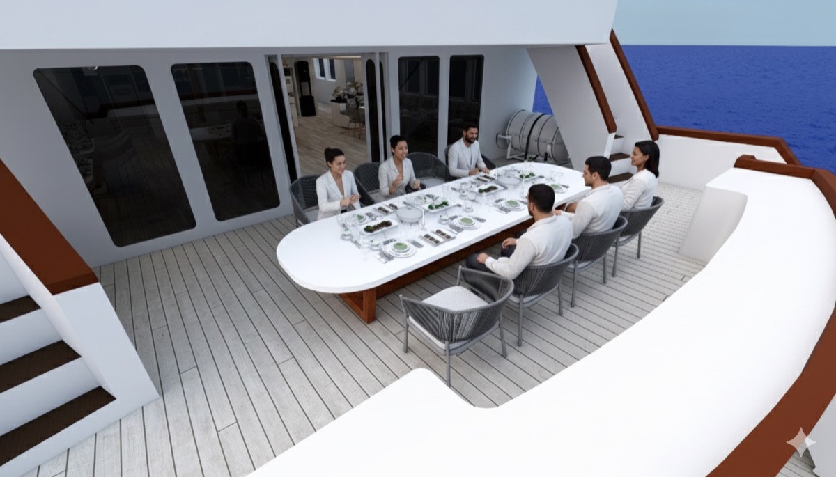 Alfresco dining table set on LASHA's upper deck with full-board meals included in the charter rate