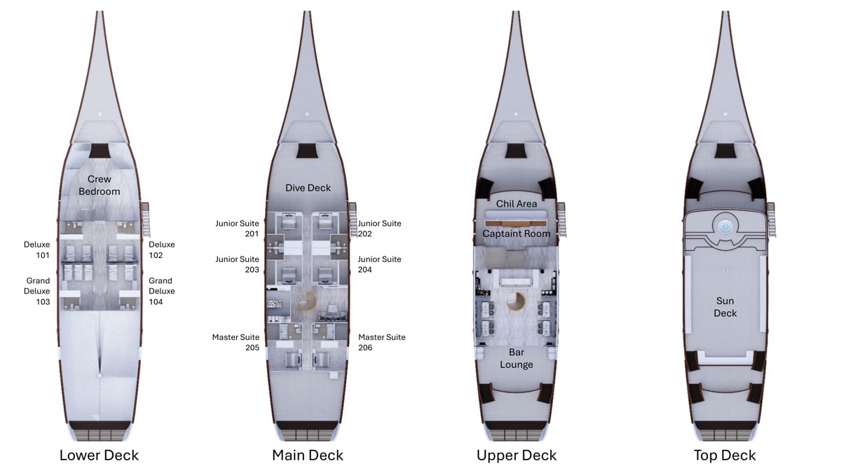 Deck plans of LASHA phinisi showing the dedicated dive deck position on the main deck