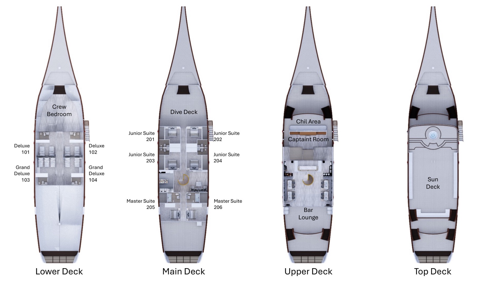 Deck plans of LASHA across her four decks