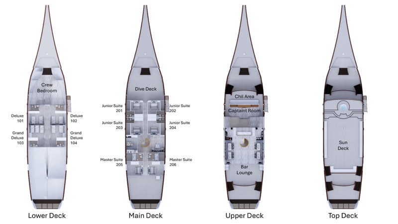 Deck plans of LASHA phinisi showing the dedicated dive deck position on the main deck