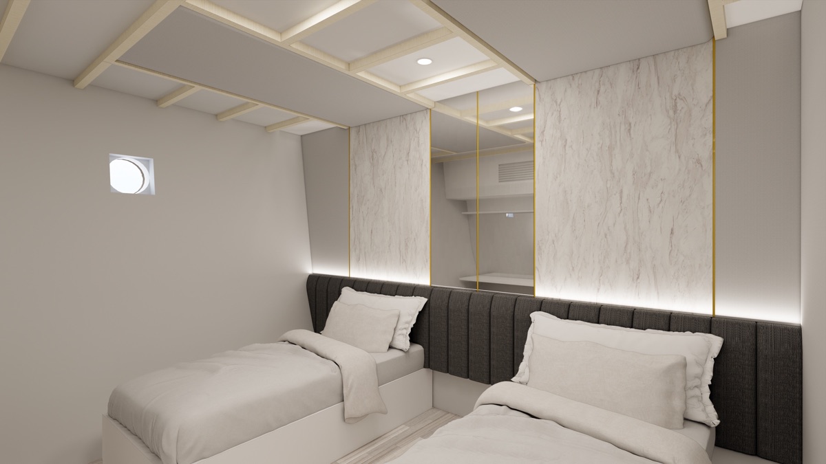 Twin-bed Deluxe cabin with white and ivory interior on LASHA Cruise's lower deck