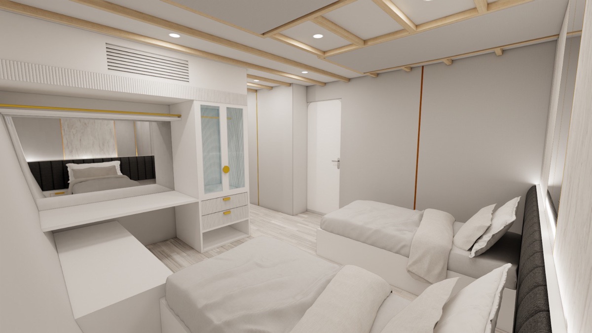 Grand Deluxe cabin on LASHA's lower deck with twin beds and space for an extra bed in ivory tones