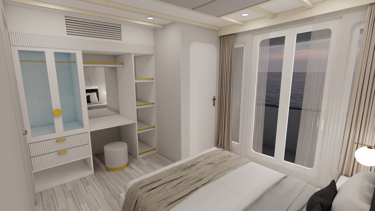 Full-height wardrobe with brass-gold hardware in a LASHA Cruise Junior Suite Balcony cabin