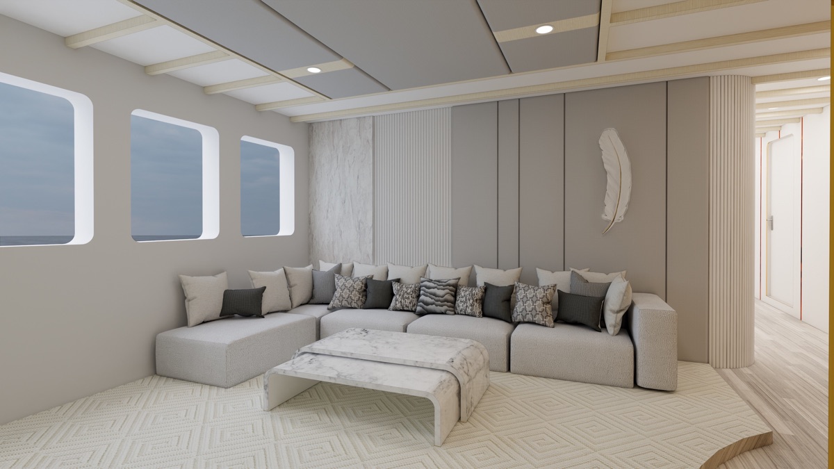 White and ivory living room aboard LASHA with smart TV and brass-gold detailing