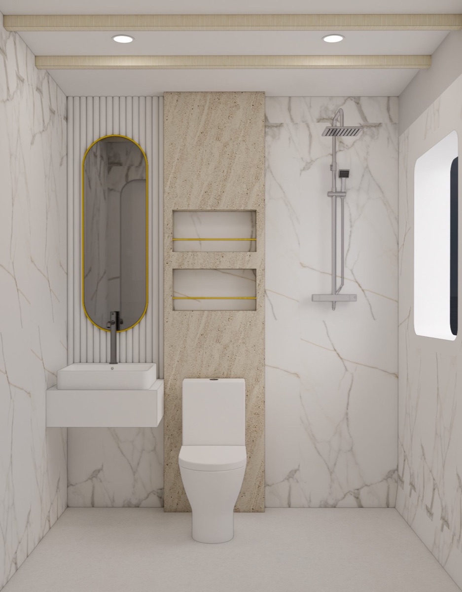 Marble ensuite bathroom with rain shower and brass-gold fittings aboard LASHA phinisi
