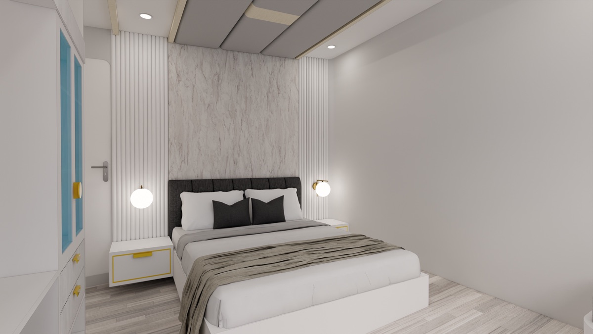 Double bed with white and ivory linens and brass-gold detailing in a LASHA Cruise Master Suite