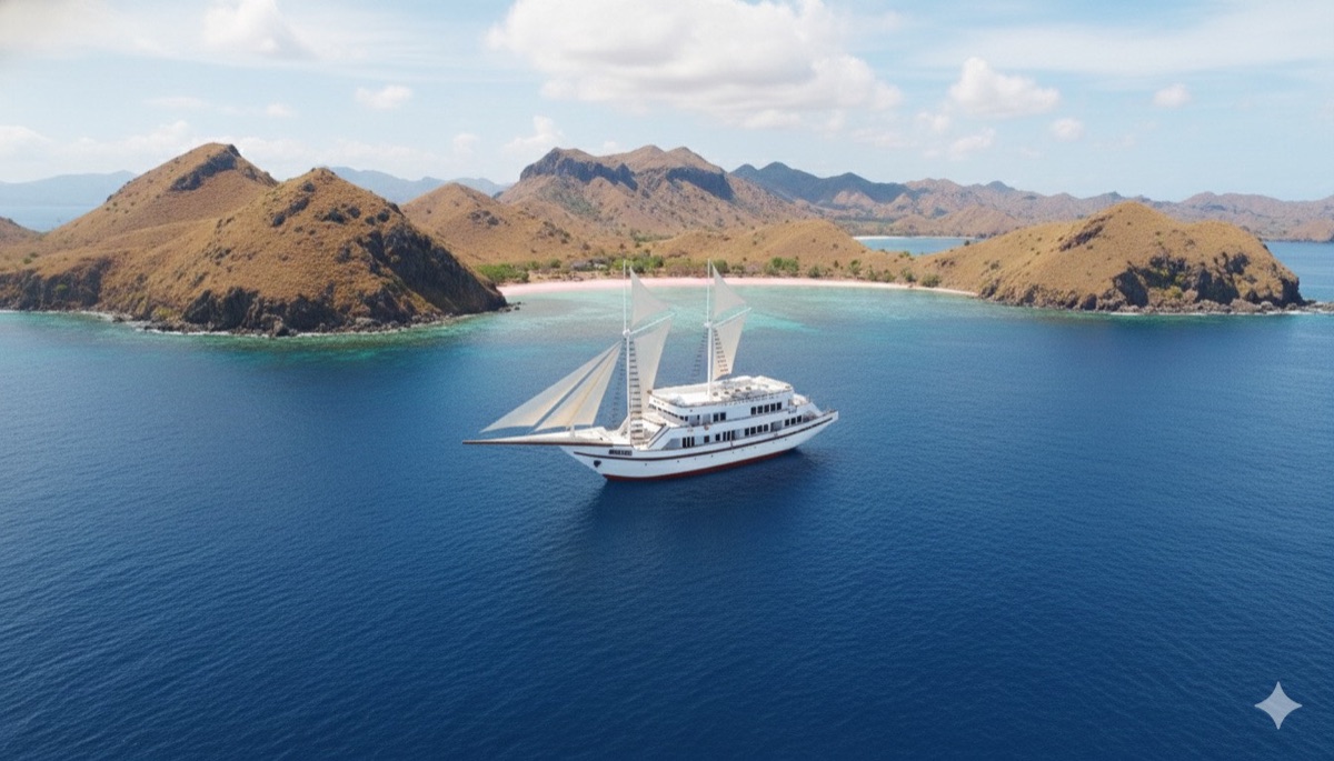 LASHA Phinisi Cruise under sail off a pink-sand bay in Komodo National Park